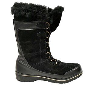 Merona "Neida" Black Leather Faux Fur Trimmed Lace-up Winter Boots